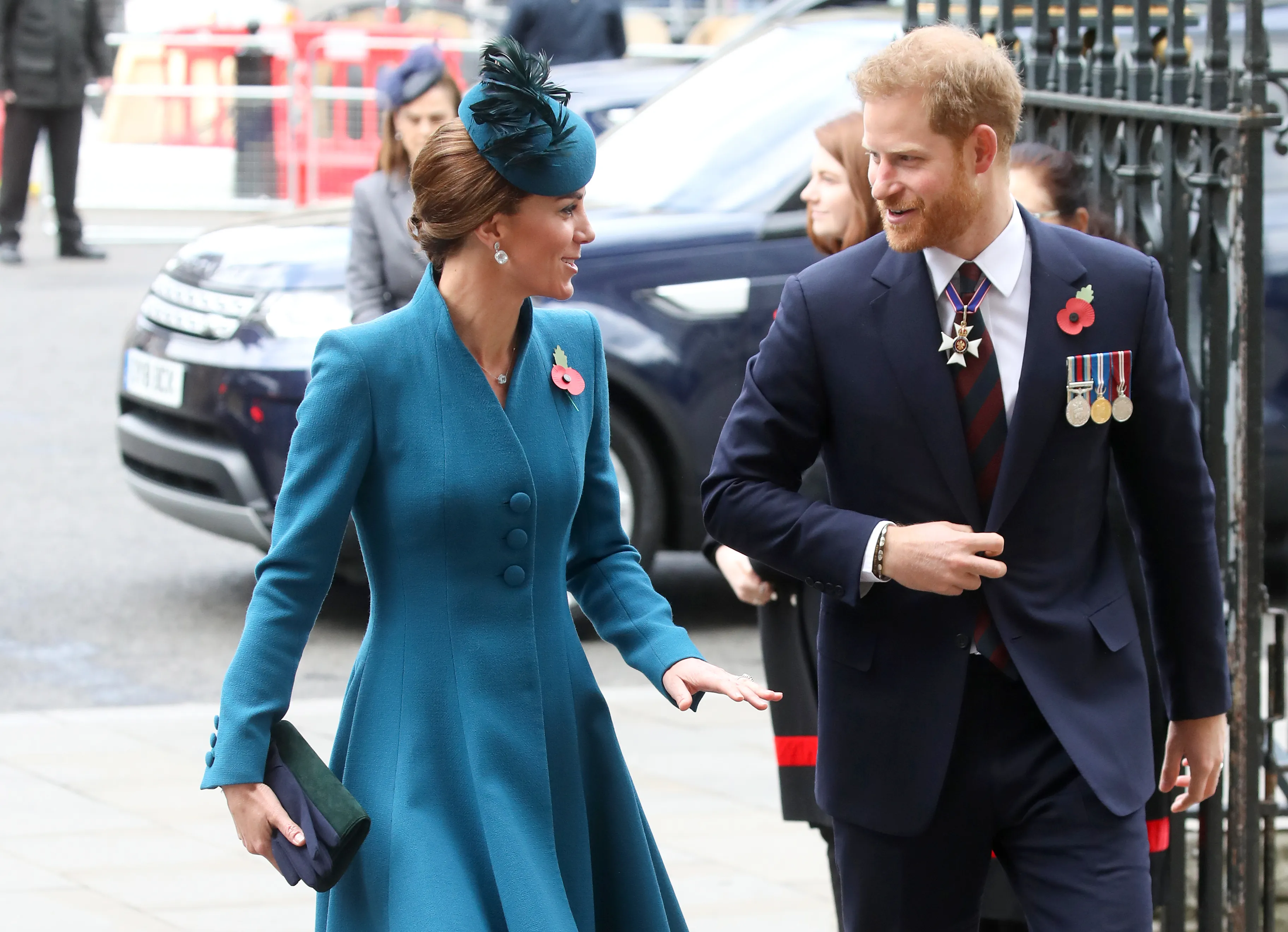 Catherine, Duchess of Cambridge and Prince Harry, Duke of Sussex attending the ANZAC Day Service.