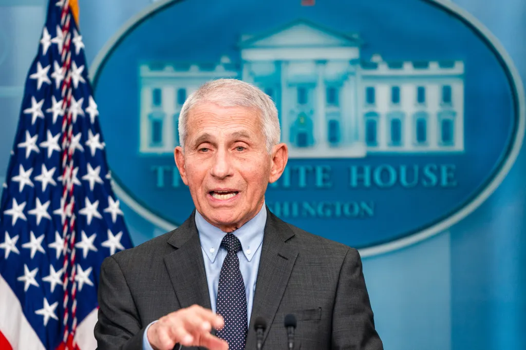 Chief Medical Advisor Dr. Anthony Fauci speaking at a press briefing in the James Brady Room at the White House.
