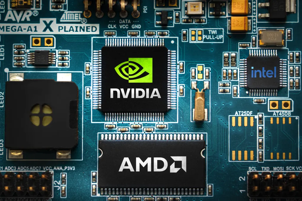 Chip technology for AI and GPU by Nvidia, AMD, and Intel shown on a circuit board.