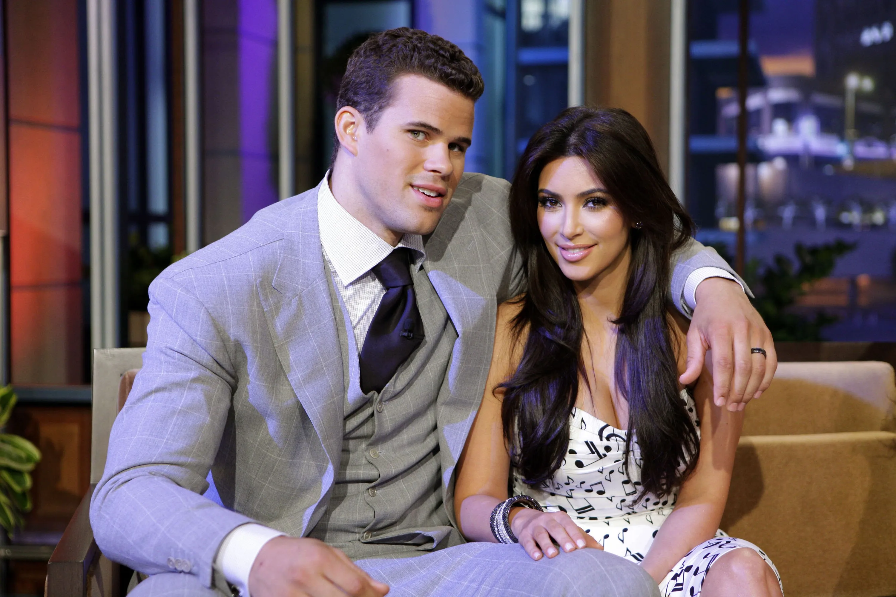 Chris Humphries and Kim Kardashian posing together during a commercial break for "The Tonight Show with Jay Leno."