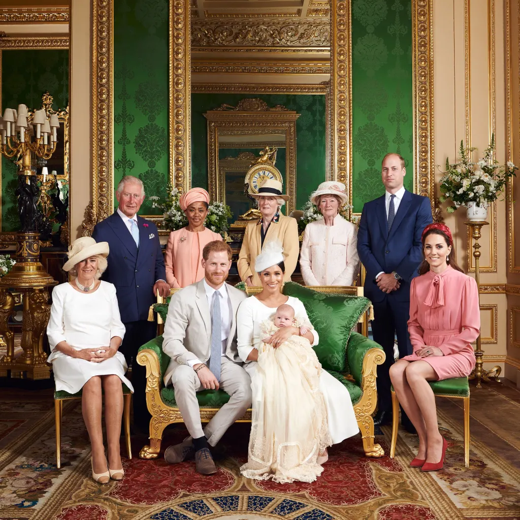 From top left: King Charles, in a navy blue suit and blue tie, Doria Ragland in a peach coat and peach hat, Lady Jane Fellowes, in a beige blazer and straw fedora with black trim, Lady Sarah McCorquodale in a pink coat and pink hat, Prince Charles in a n navy blue and blue tie, Kate Middleton in a pink dress and pink headband, Meghan Markle in a cream dress and cream hat, holding Prince Archie, in a cream christening robe, Prince Harry in a grey suit and blue tie, Queen Camilla in a white dress and cream hat.