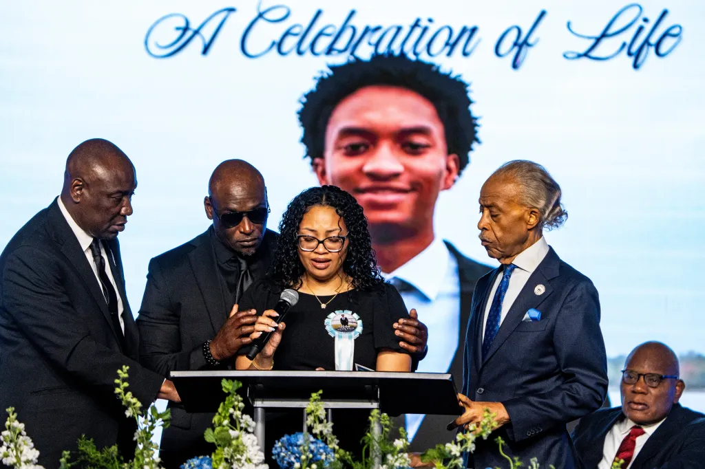 Nolan Wells' mother, Christine Wonsley, speaks during a funeral for her son at Center Pointe Church in Ocean Springs, Miss., on July 20, 2026.