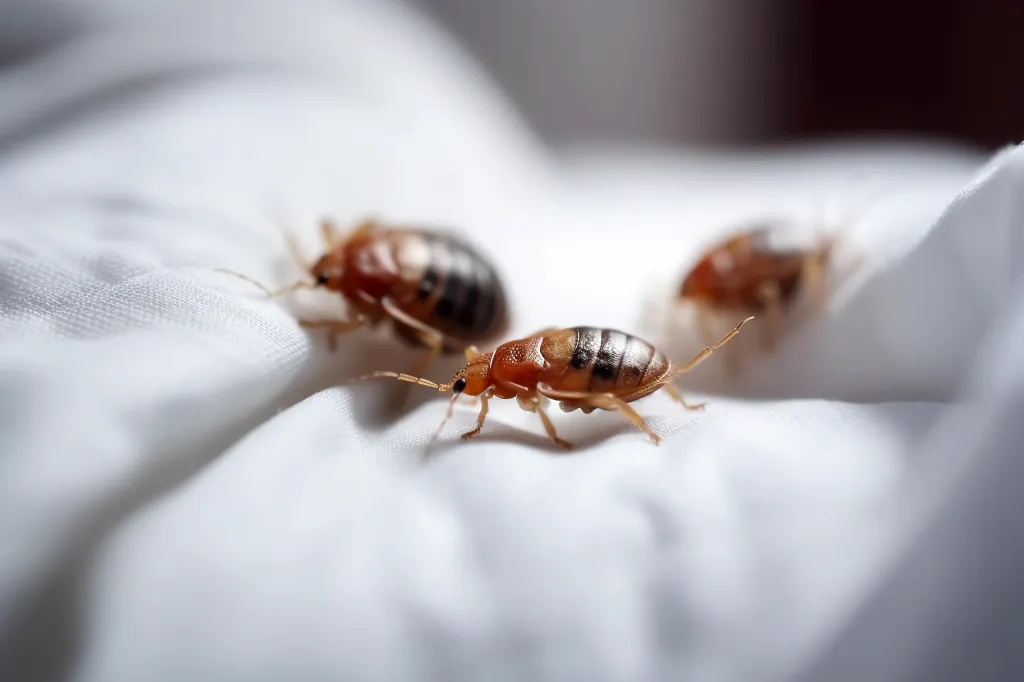 Macro illustration of three bed bugs on a white sheet.