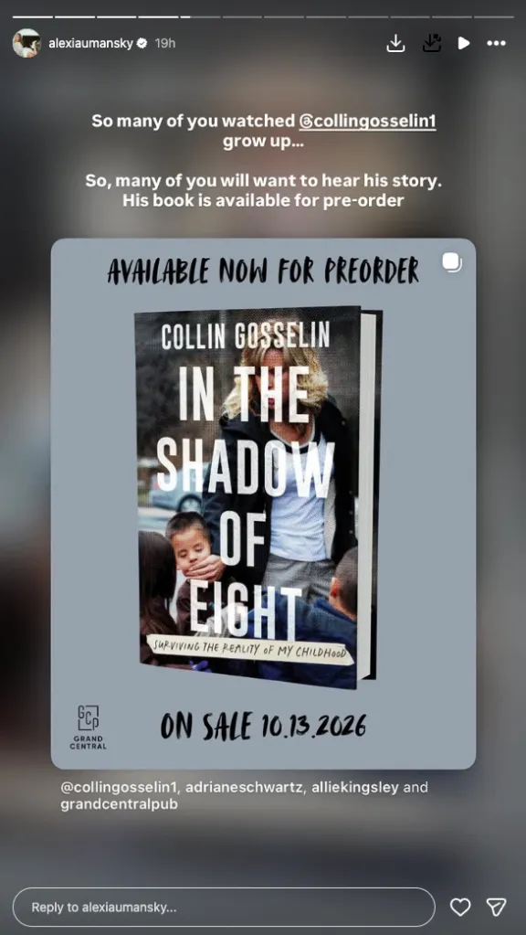 Social media post promoting Collin Gosselin's book, 