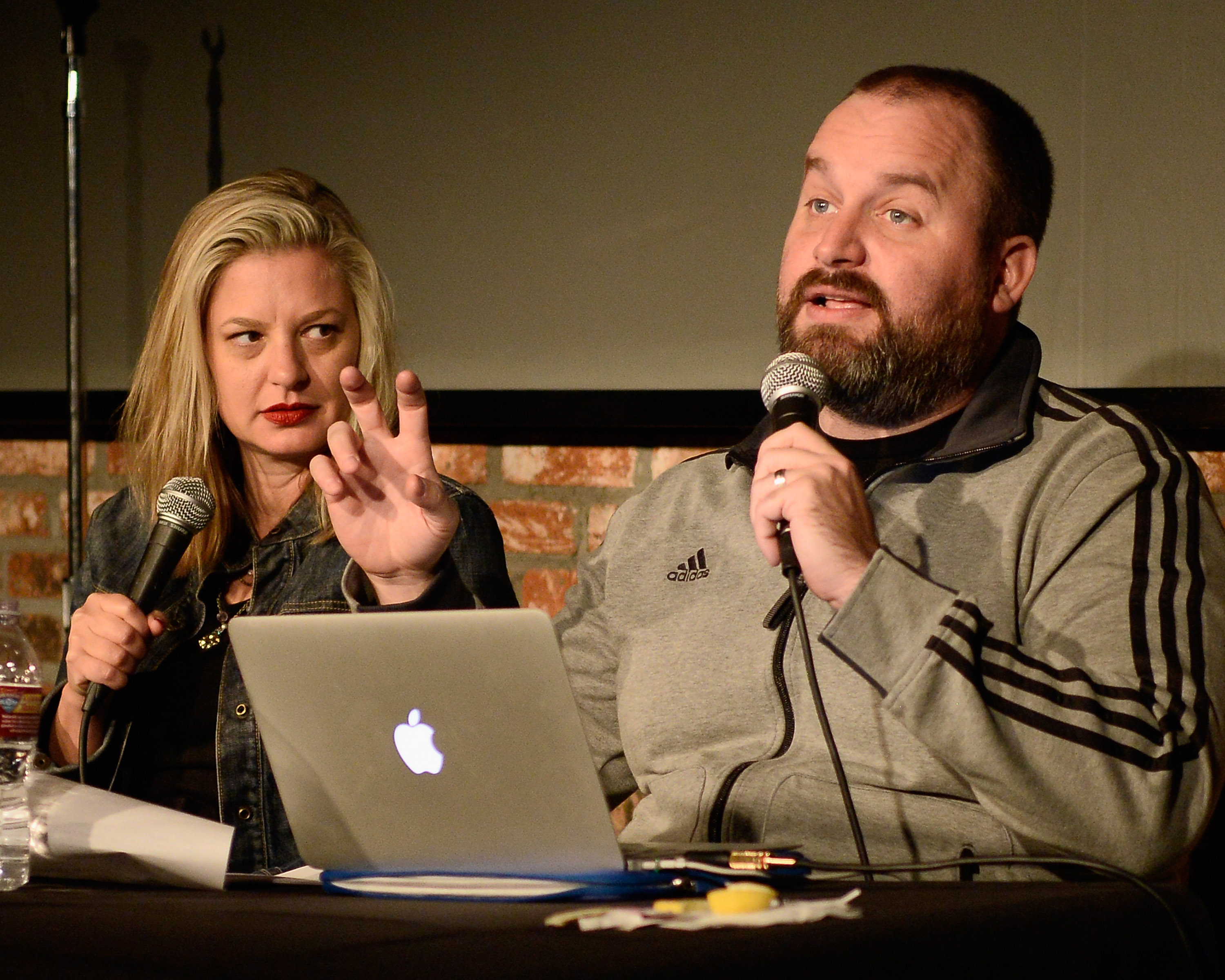 Christina Pazsitzky (L) and comedian Tom Segura 