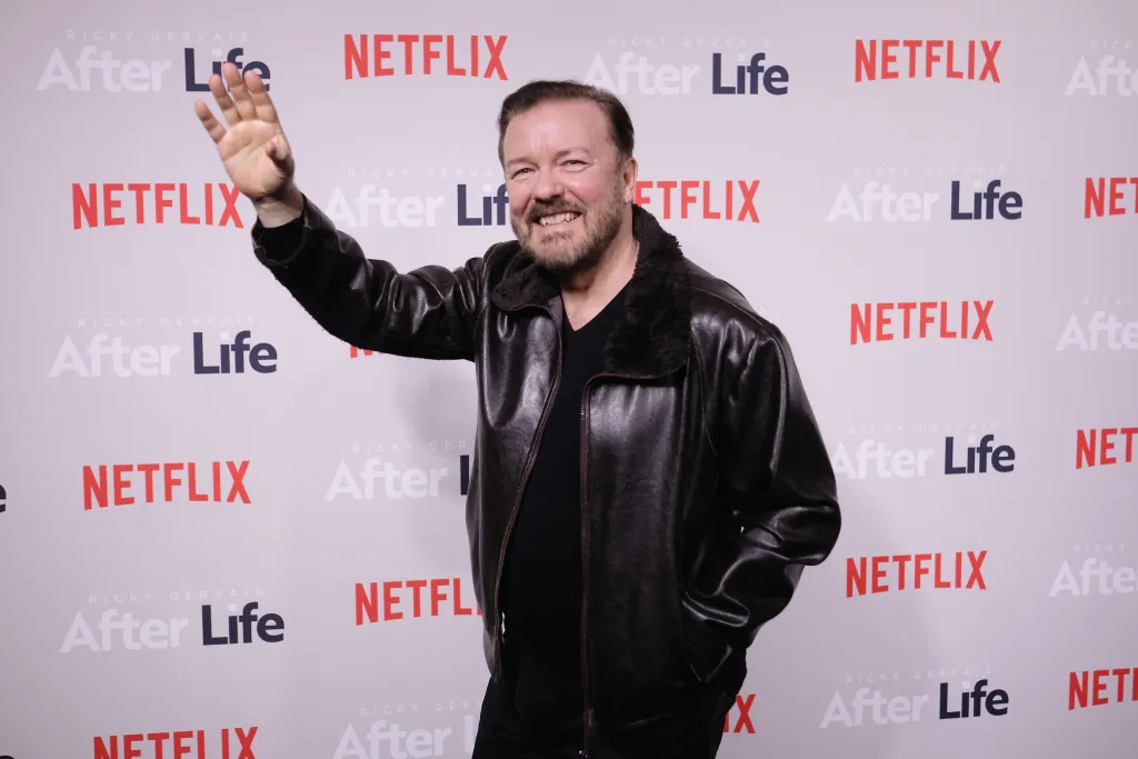 Comedian Ricky Gervais waves and smiles at the "After Life" For Your Consideration Event.