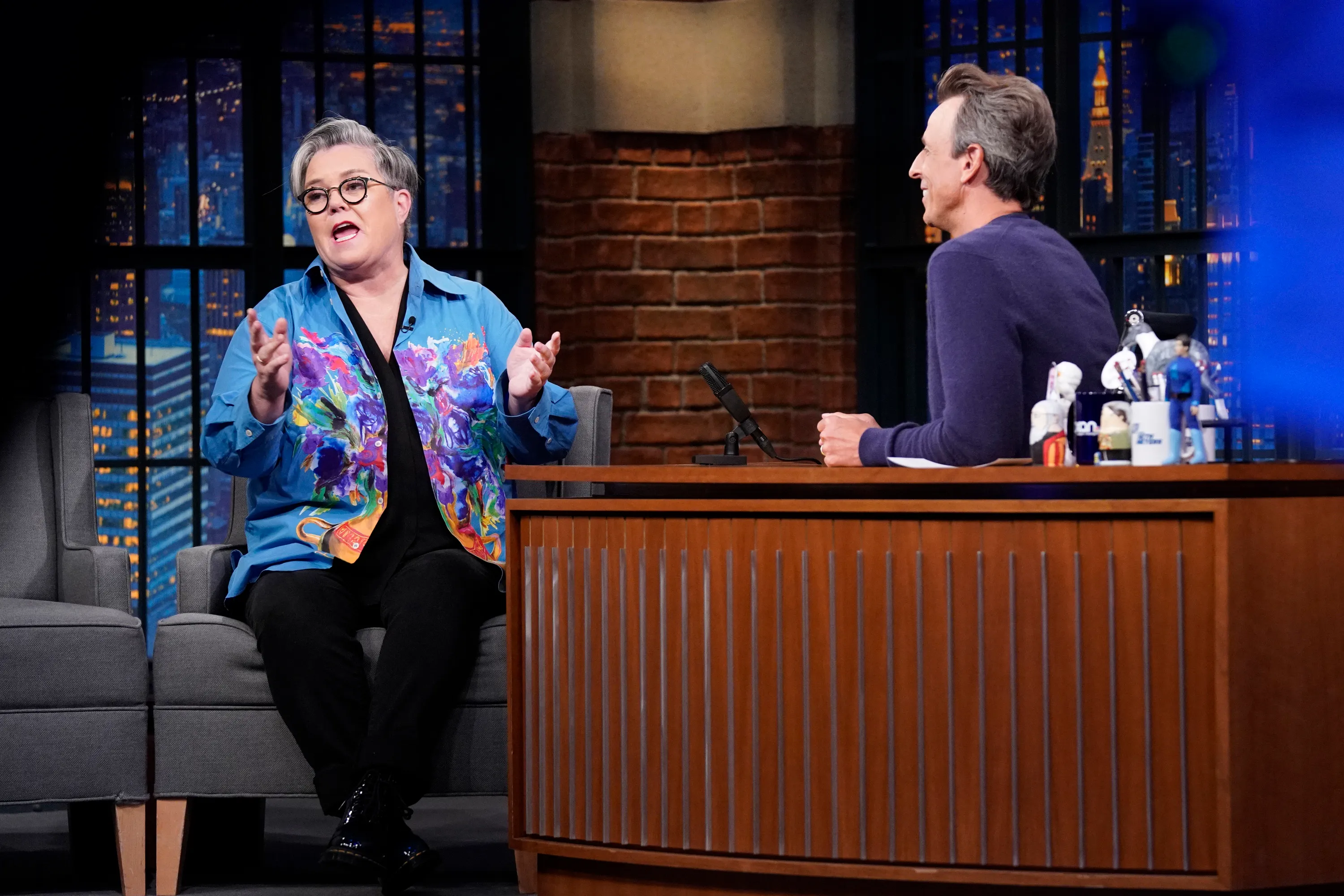 Comedian Rosie O'Donnell during an interview with host Seth Meyers.