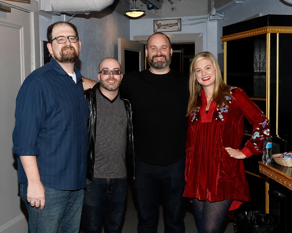 Comedians J. Elvis Weinstein, Josh Potter, Tom Segura, and Christina Pazsitzky backstage at The Wiltern.