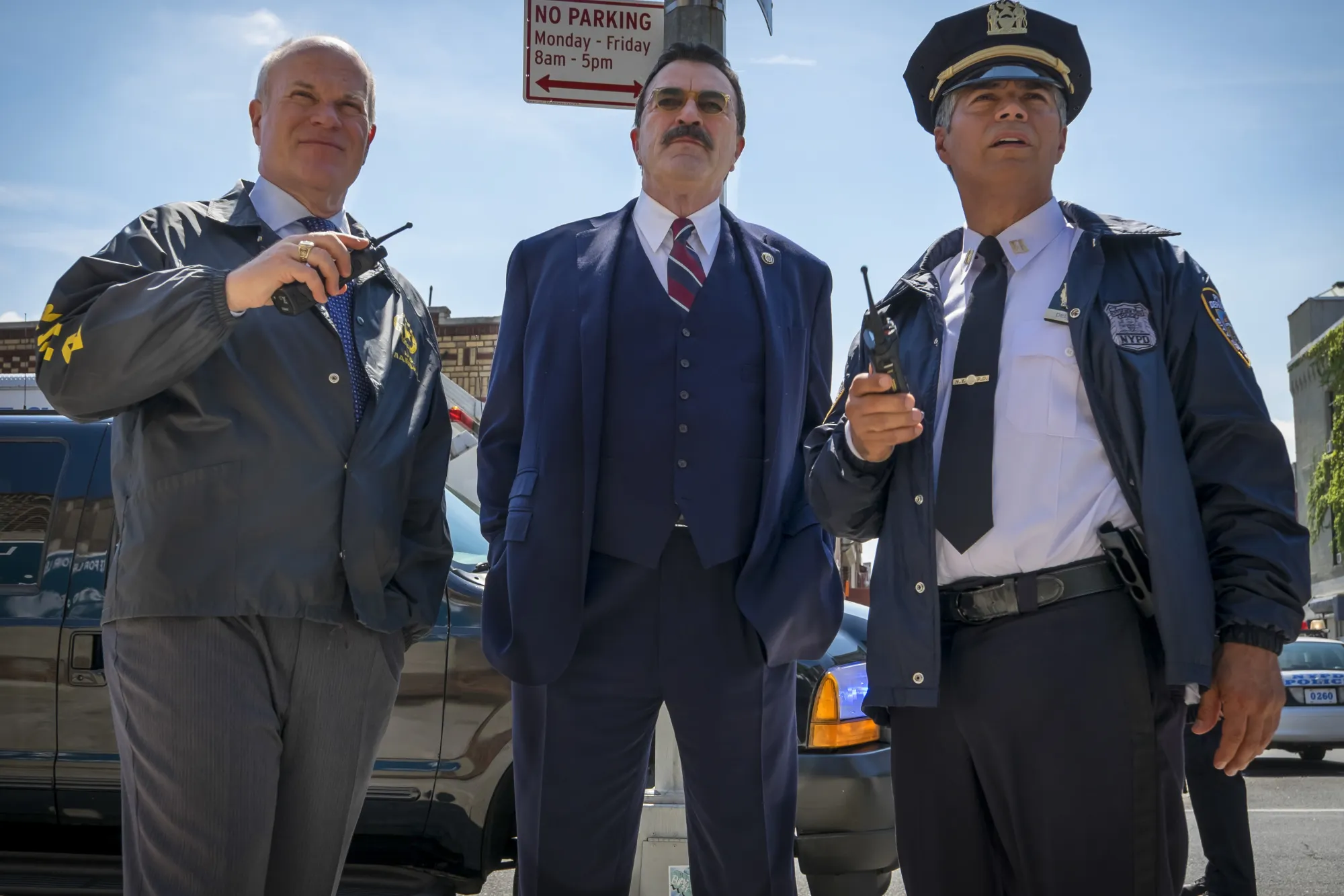 Tom Selleck, Mike Pniewski, and Esai Morales on the set of Blue Bloods.