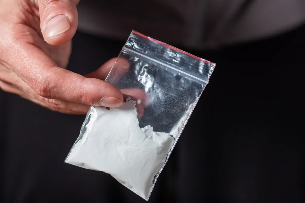 Hand holding a plastic baggie with white powder.