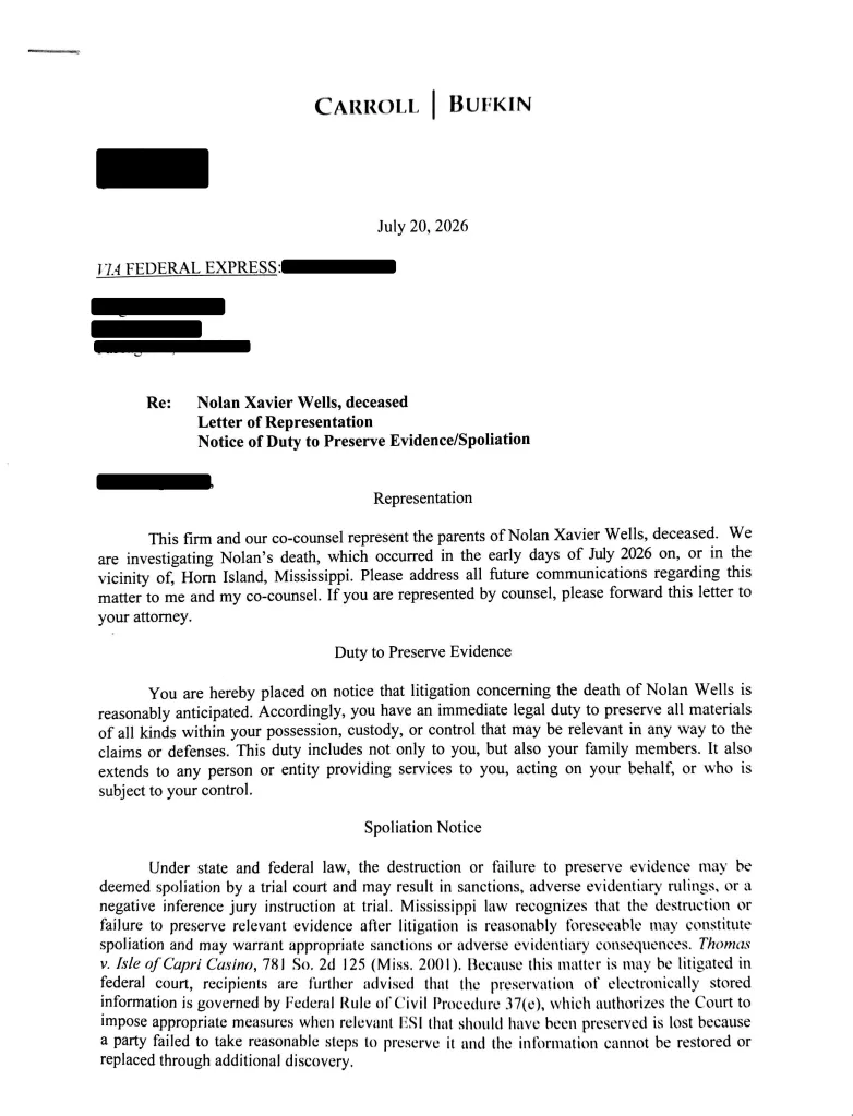 A copy of a legal letter from Carroll Bufkin attorneys, dated July 20, 2026, regarding the death of Nolan Xavier Wells and a notice to preserve evidence.