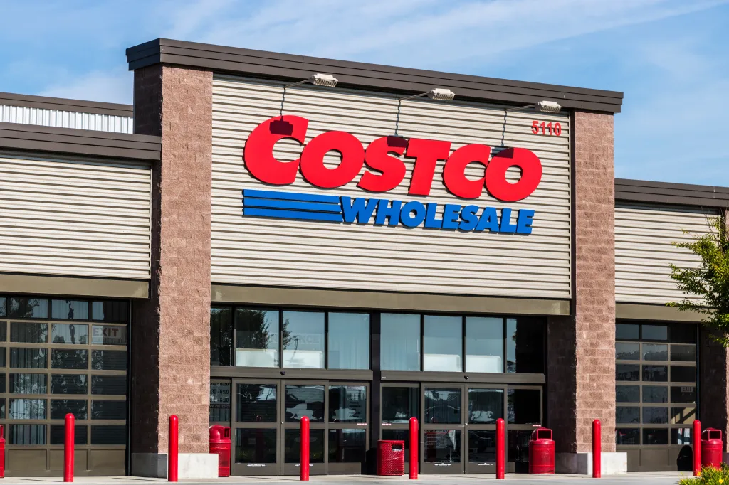Exterior of a Costco Wholesale store entrance.