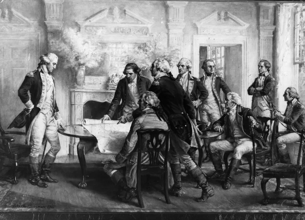 Illustration of a Council of War in a dining room after the Battle of Long Island, featuring George Washington and several other men in military attire gathered around a table with a map.
