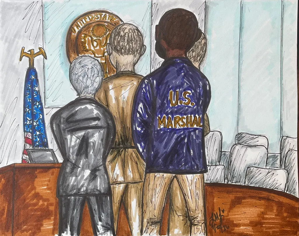 Illustration of Andrew and Tristan Tate in court with their attorneys and a U.S. Marshal.