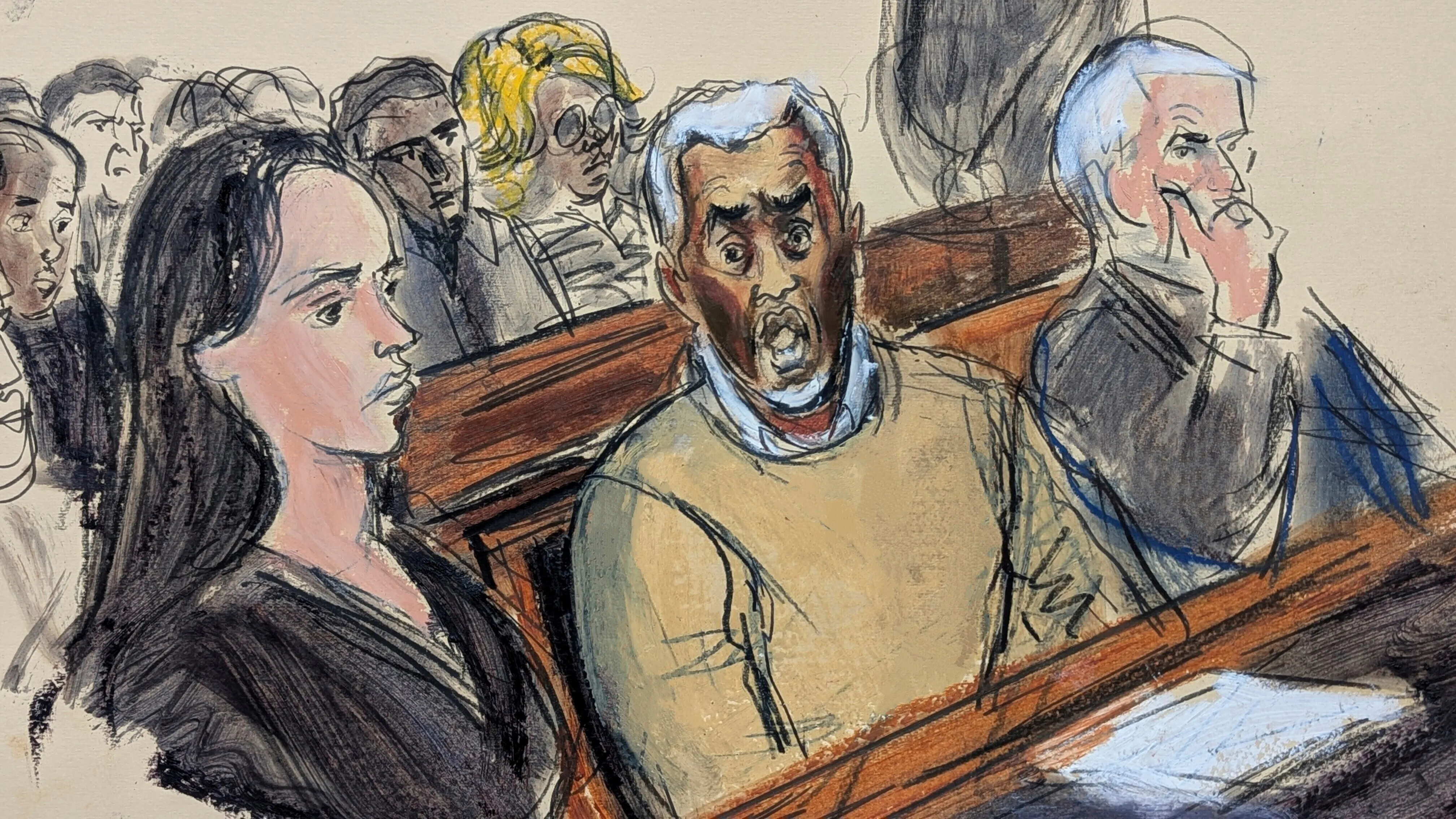 Courtroom illustration of Sean "Diddy" Combs reacting after being denied bail, flanked by his defense attorneys.