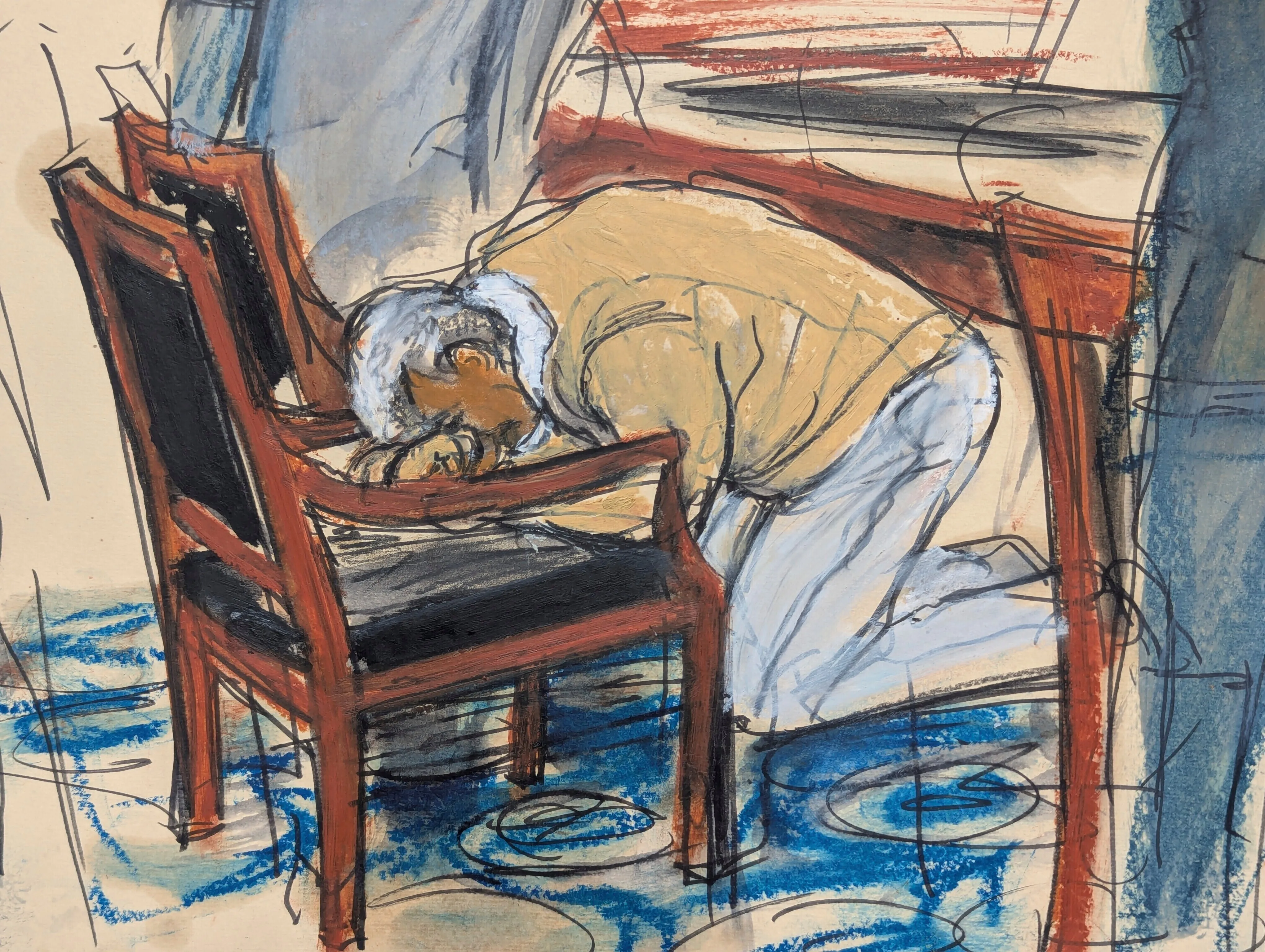 Illustration of Sean "Diddy" Combs on his knees with his head on a chair.