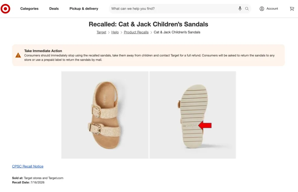 About 211,000 Cat & Jack Toddler Girls' Sequerah sandals are affected by the recall.