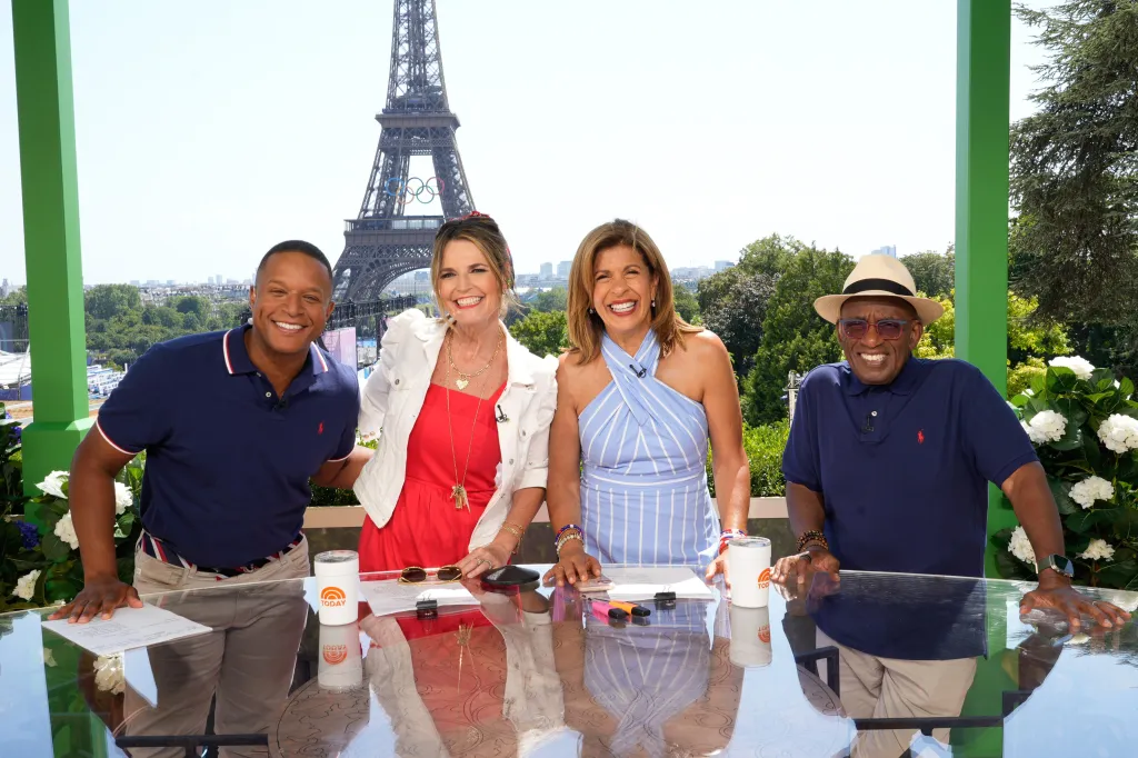 Craig Melvin, Savannah Guthrie, Hoda Kotb, and Al Roker on the set of the Paris live show at the 2024 Paris Olympics.