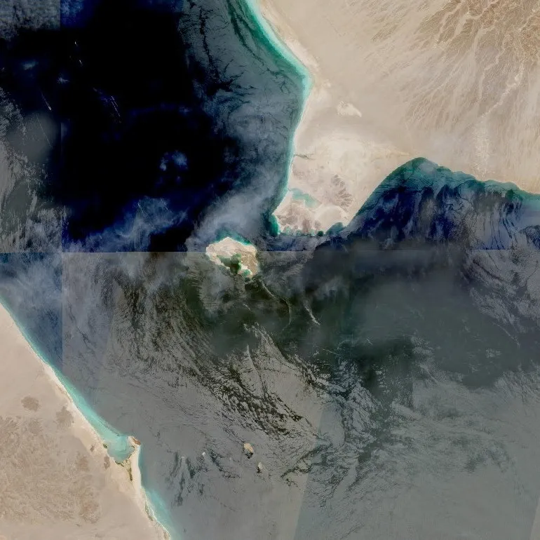 Satellite imagery showing the Bab el Mandeb Strait, a key shipping waterway.