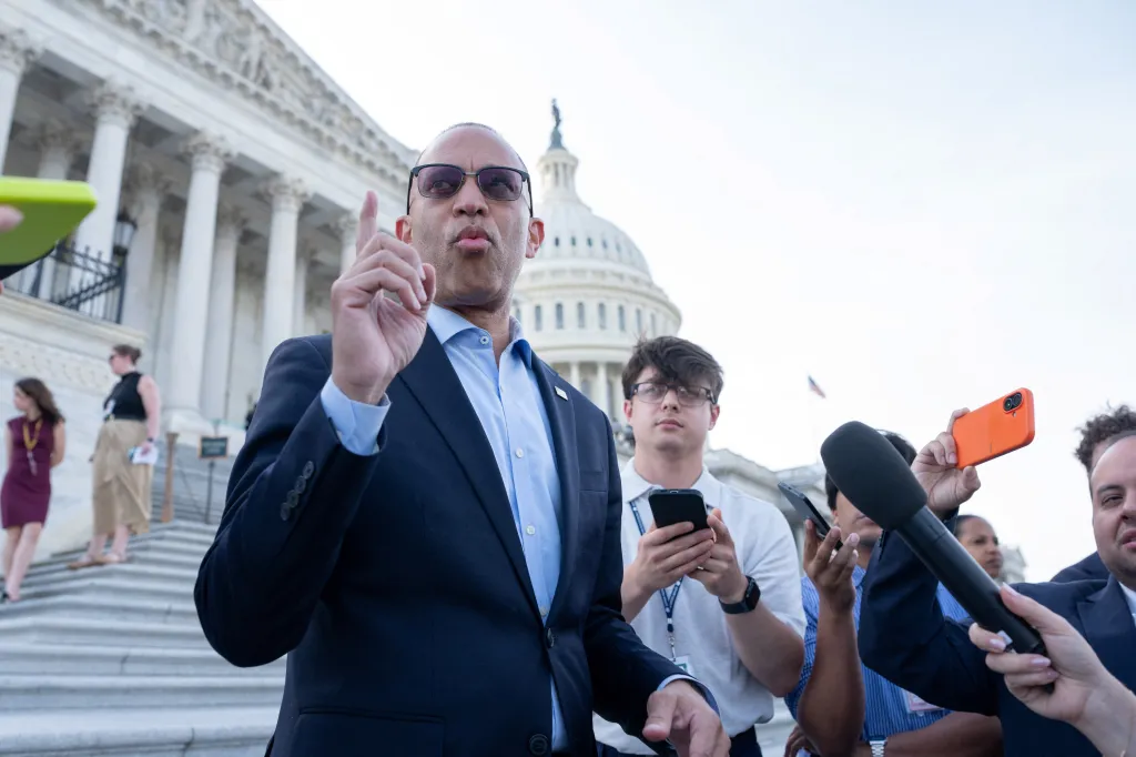 U.S. House Minority Leader Hakeem Jeffries speaking to the media outside the Capitol Building.