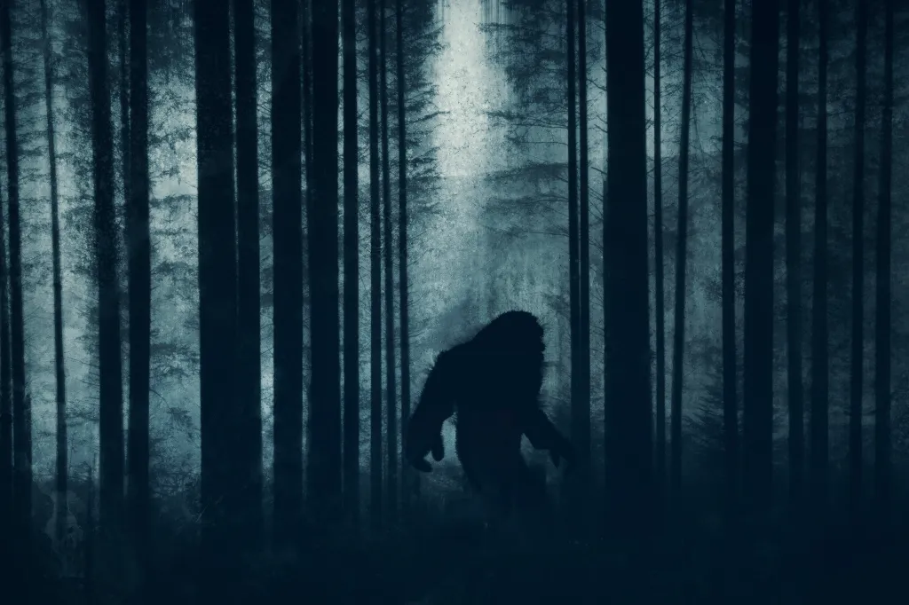Illustration of a dark, scary Bigfoot figure silhouetted against trees in a forest.