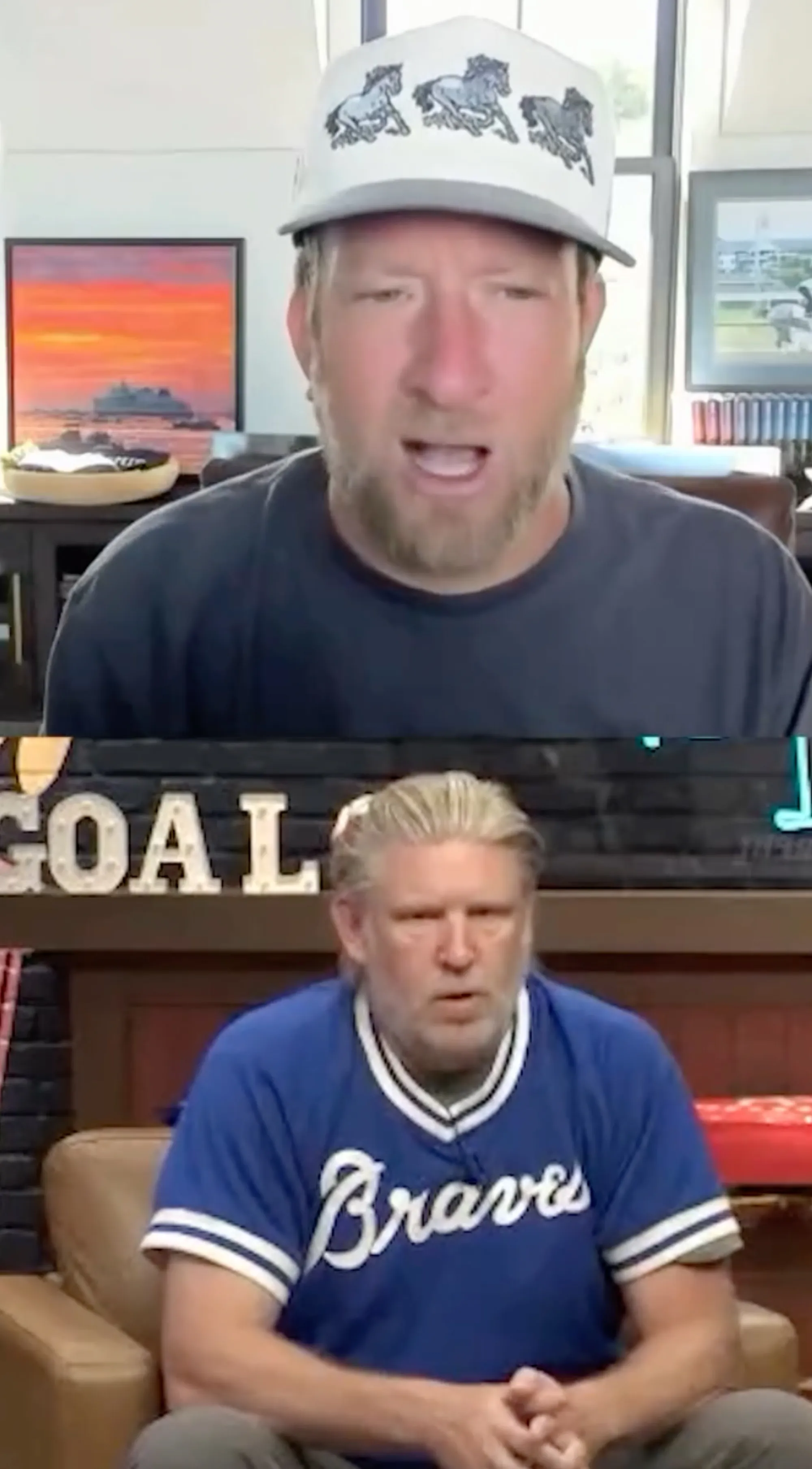 Collage of Dave Portnoy speaking, and a man in a Braves jersey looking surprised.