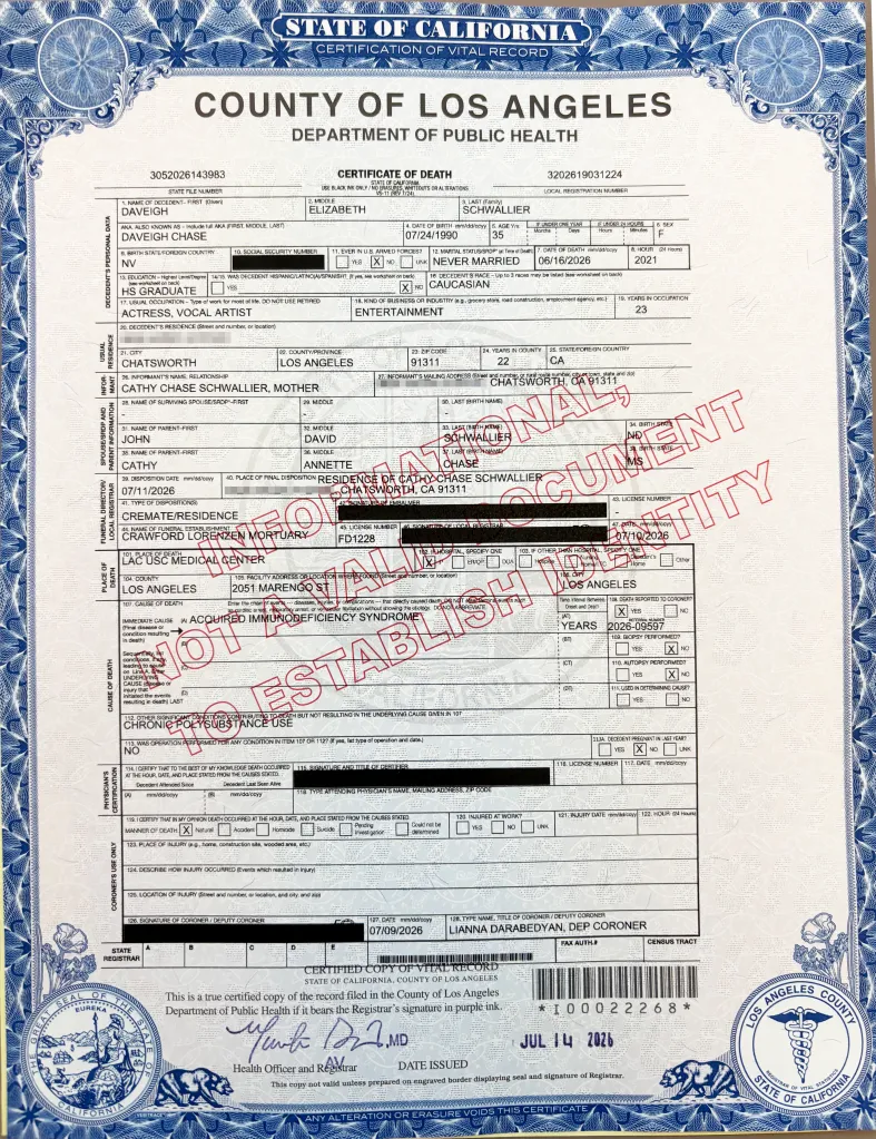 Daveigh Chase's death certificate from the State of California.
