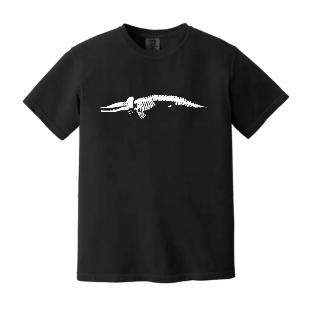 Black t-shirt with a white illustration of a whale skeleton.