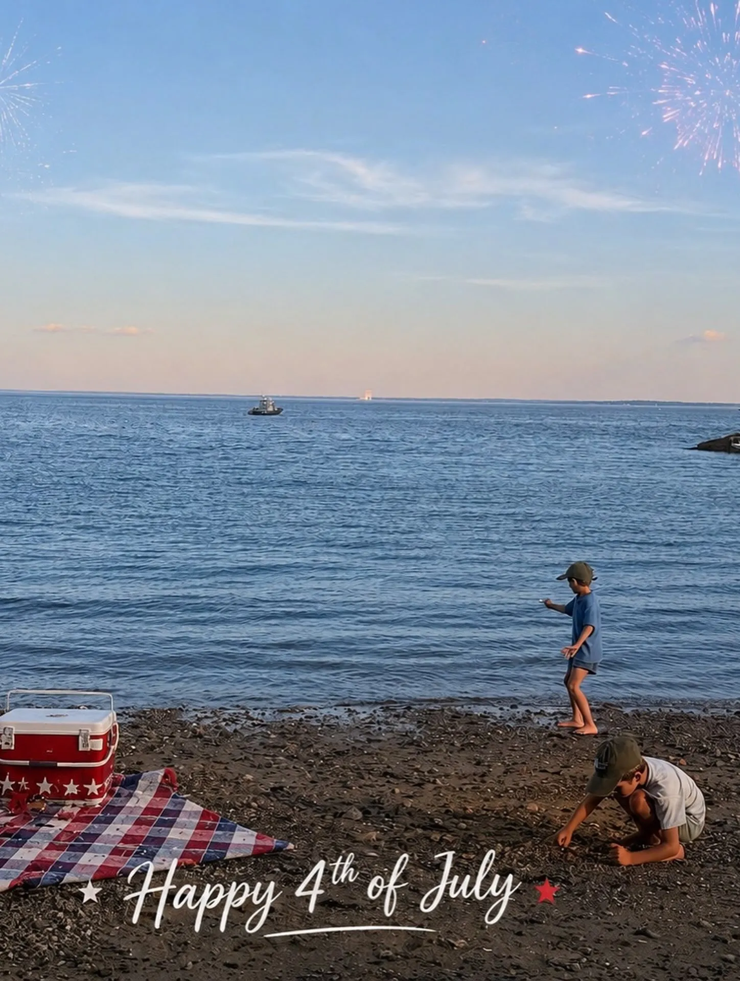 Two children playing on a beach with fireworks in the sky and "Happy 4th of July" text overlay.