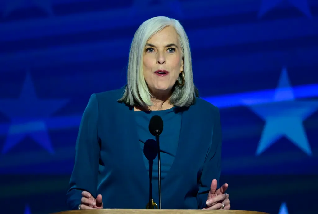 Rep. Katherine Clark speaks at the Democratic National Convention in Chicago, Ill. on Aug. 22, 2024.