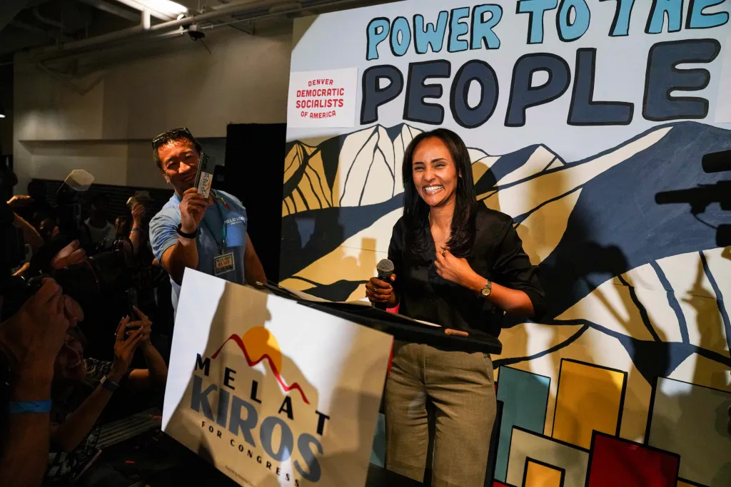 Melat Kiros smiling at supporters after winning the Democratic nomination.