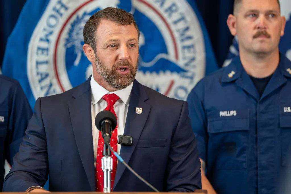 Markwayne Mullin, Secretary of the Department of Homeland Security, speaking at a news conference.