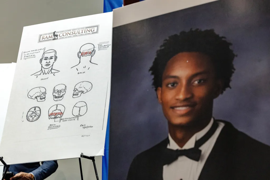 Diagrams depicting Nolan Wells' body parts and a photo of the young Black man.