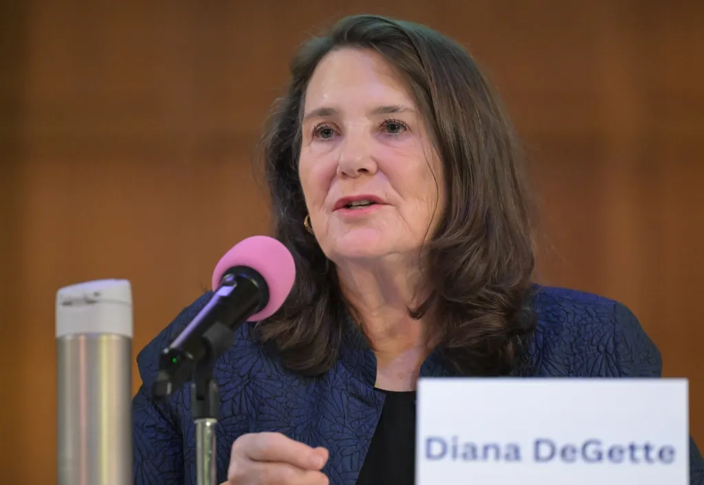 Diana DeGette speaking at a League of Women Voters forum.