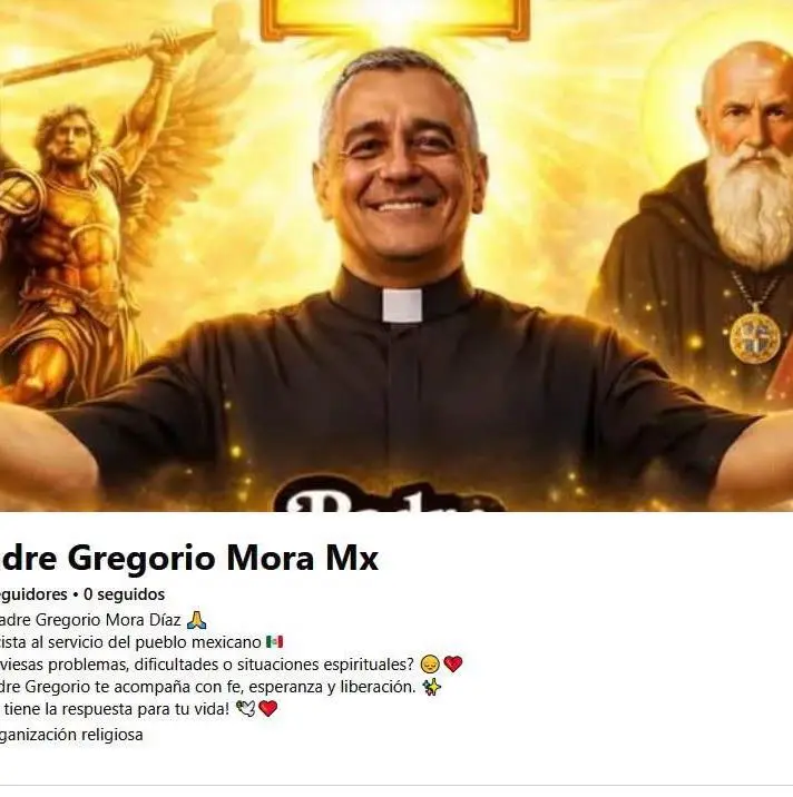 Illustration of a smiling man in a clerical collar, with a winged figure and a bearded man with a medallion behind him, with text below reading "Padre Gregorio Mora Mx" and a description of his spiritual services.