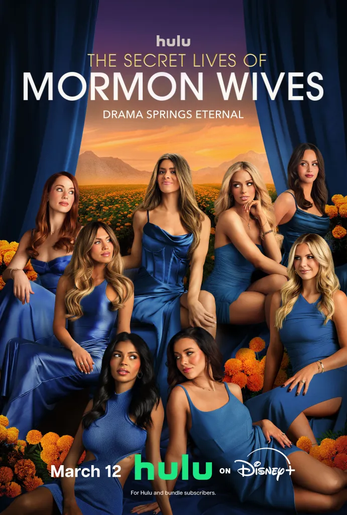 Key art for "The Secret Lives of Mormon Wives" showing nine women in blue dresses in front of a landscape of orange flowers and mountains.