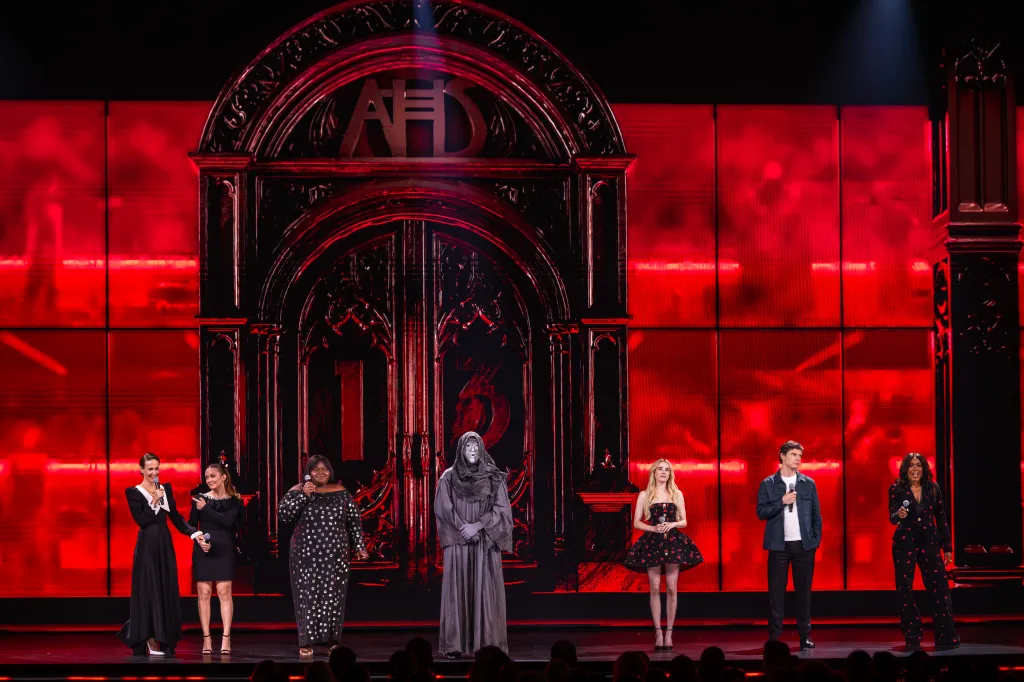 Sarah Paulson, Angela Bassett, Emma Roberts, Gabourey Sidibe, Billie Lourd, Evan Peters, and Paul Anthony Kelly speaking at the Disney Advertising Upfront 2026.