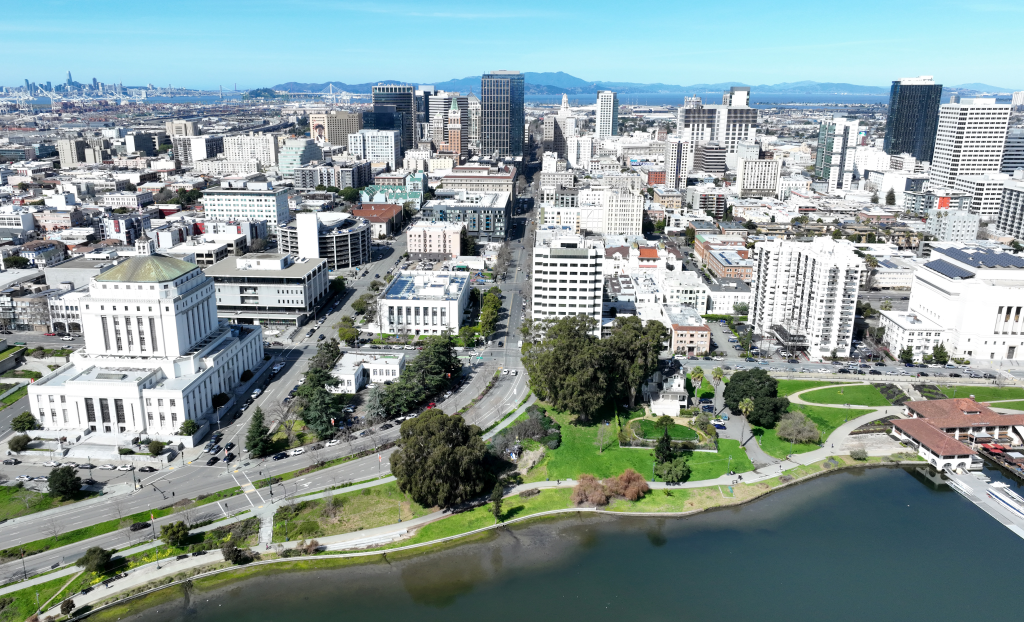 Drone view of Lake Merritt and downtown Oakland, California.