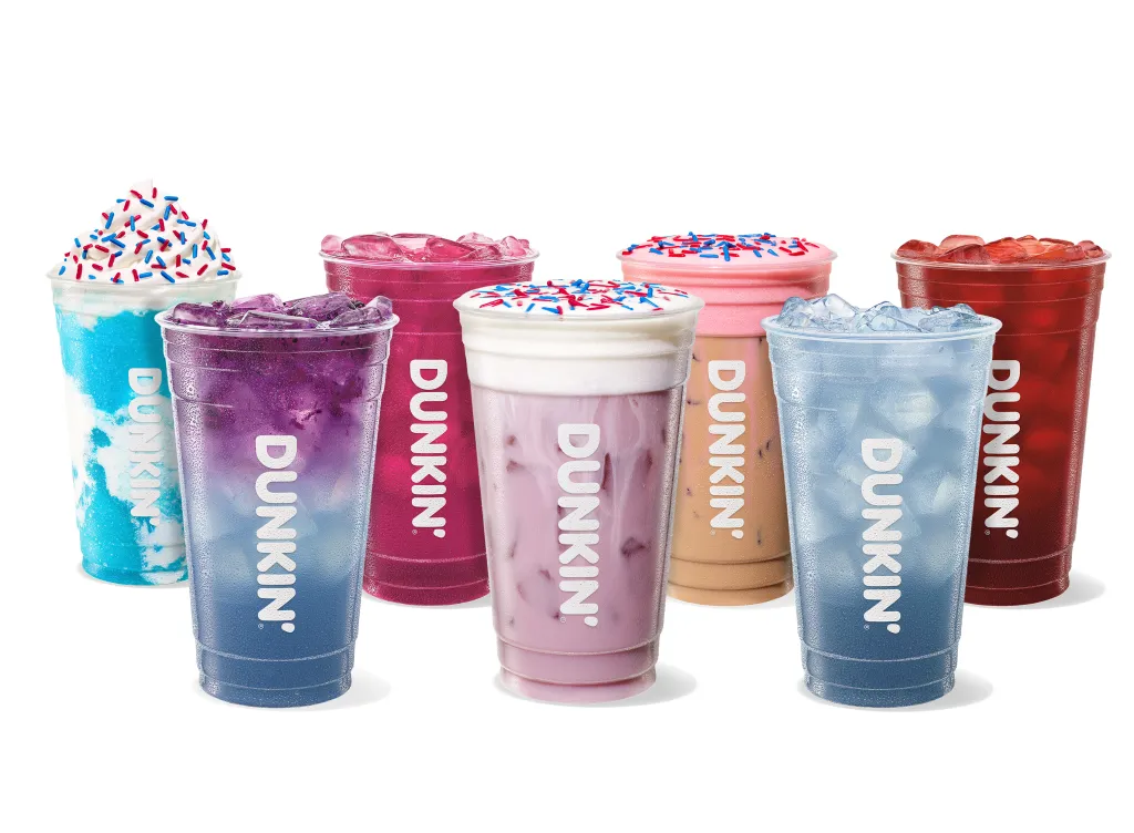 Various colorful Dunkin' drinks.