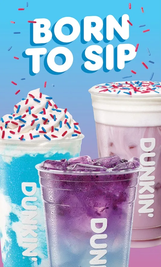 Three Dunkin' drinks with red, white, and blue sprinkles and