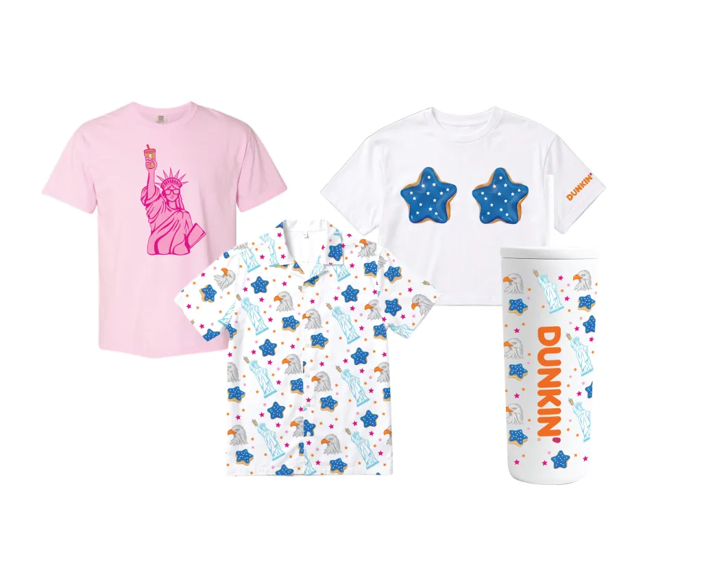 Dunkin' 4th of July merch, including a pink Statue of Liberty t-shirt, a white t-shirt with two blue star donuts, an eagle-printed short-sleeve shirt, and a tumbler with similar eagle and star patterns.