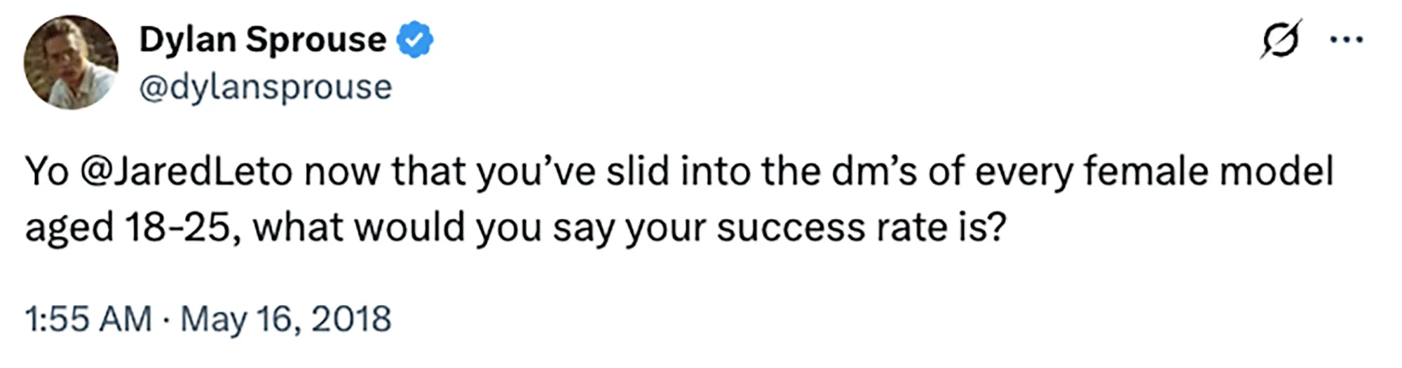 A tweet from Dylan Sprouse asking Jared Leto about his success rate sliding into the DMs of female models aged 18-25.