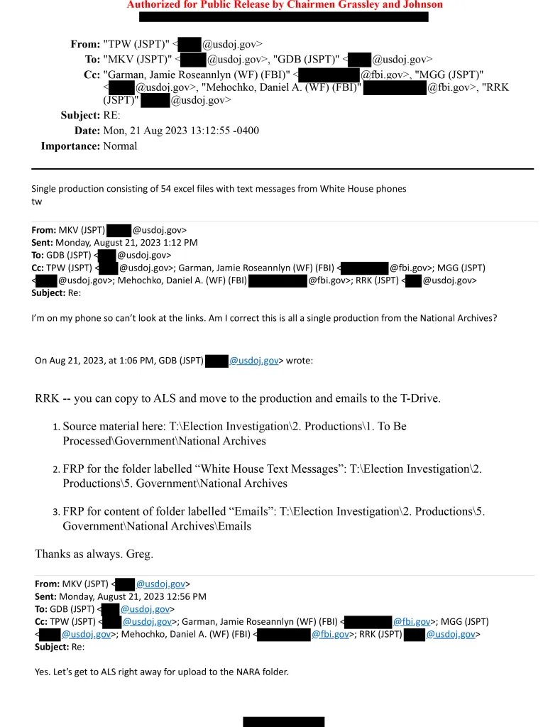 Email exchange discussing the production of 54 Excel files with text messages from White House phones.