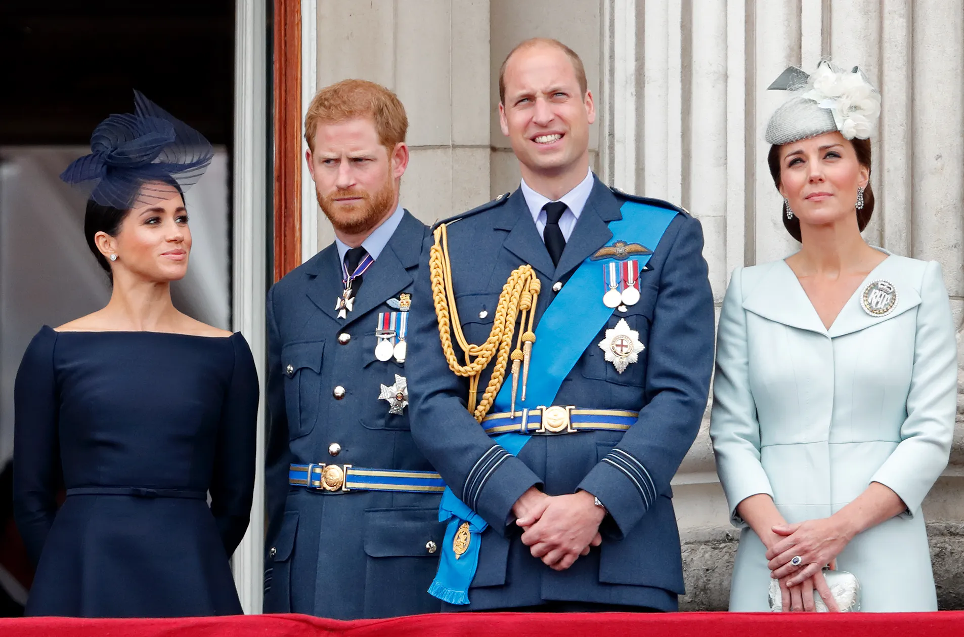 (L-R) Prince William, Duke of Cambridge, Catherine, Duchess of Cambridge, Meghan, Duchess of Sussex and Prince Harry, Duke of Sussex arrive to attend Christmas Day Church service.