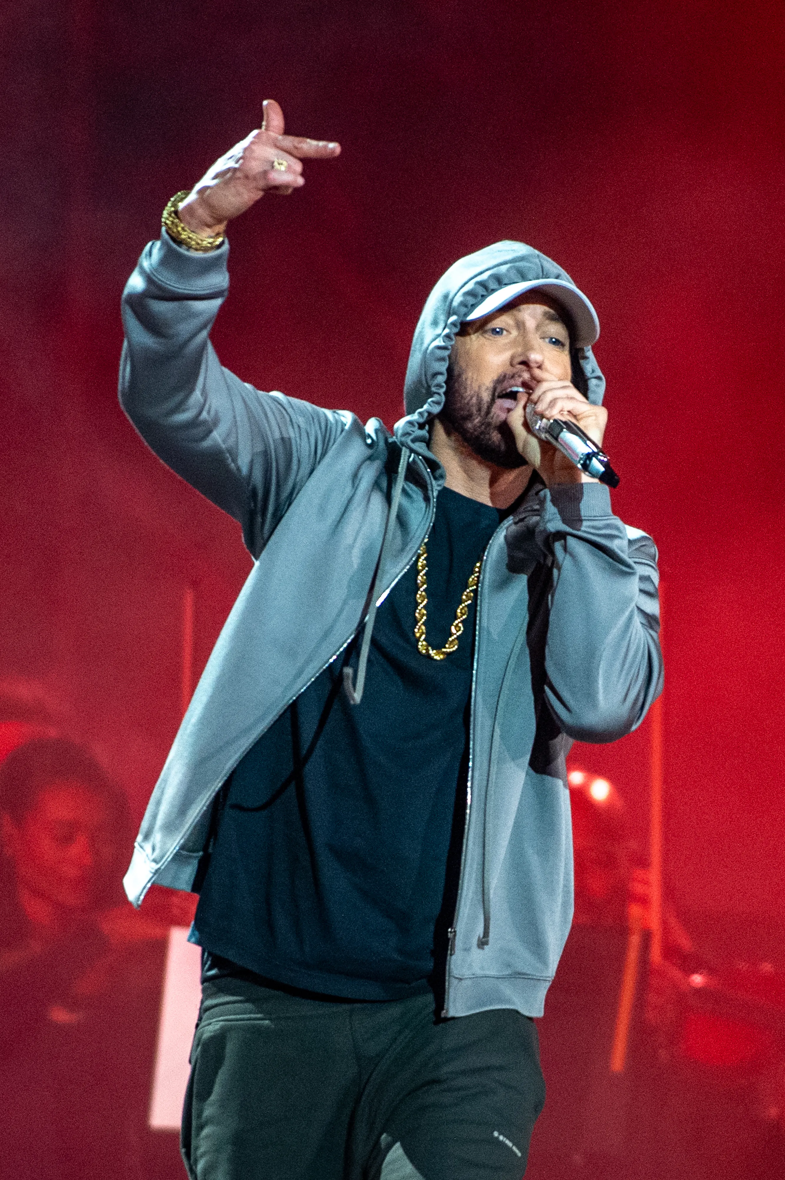 Eminem performing live on stage in Detroit.