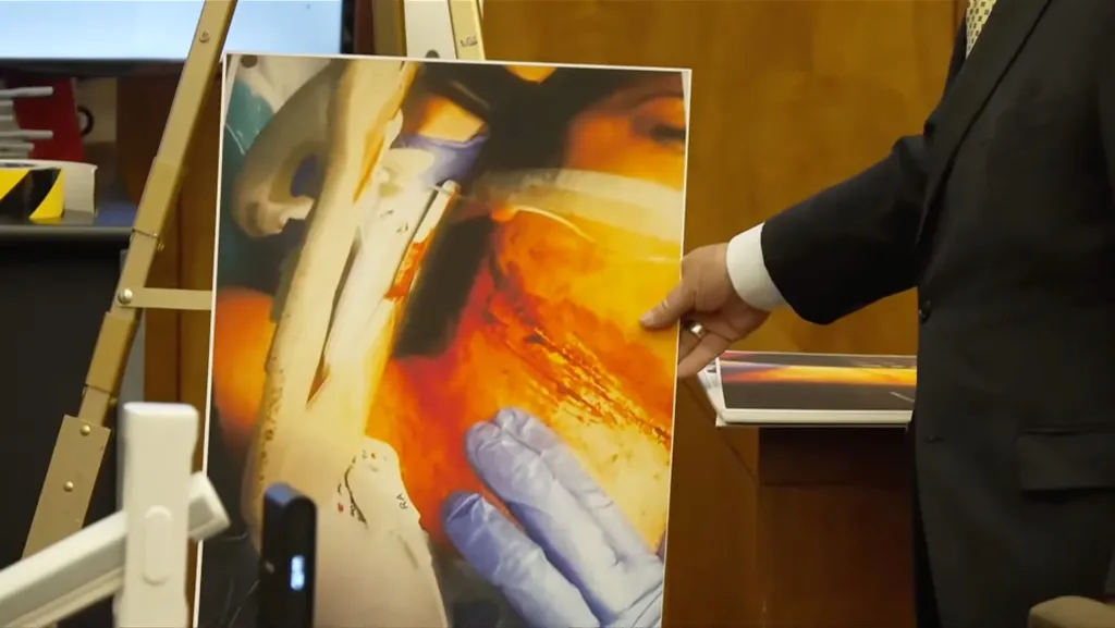 Evidence crime scene photo being shown at a trial.