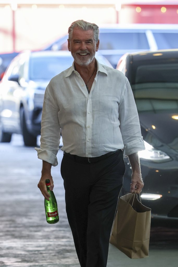 Pierce Brosnan smiling and carrying a green bottle and brown paper bag.