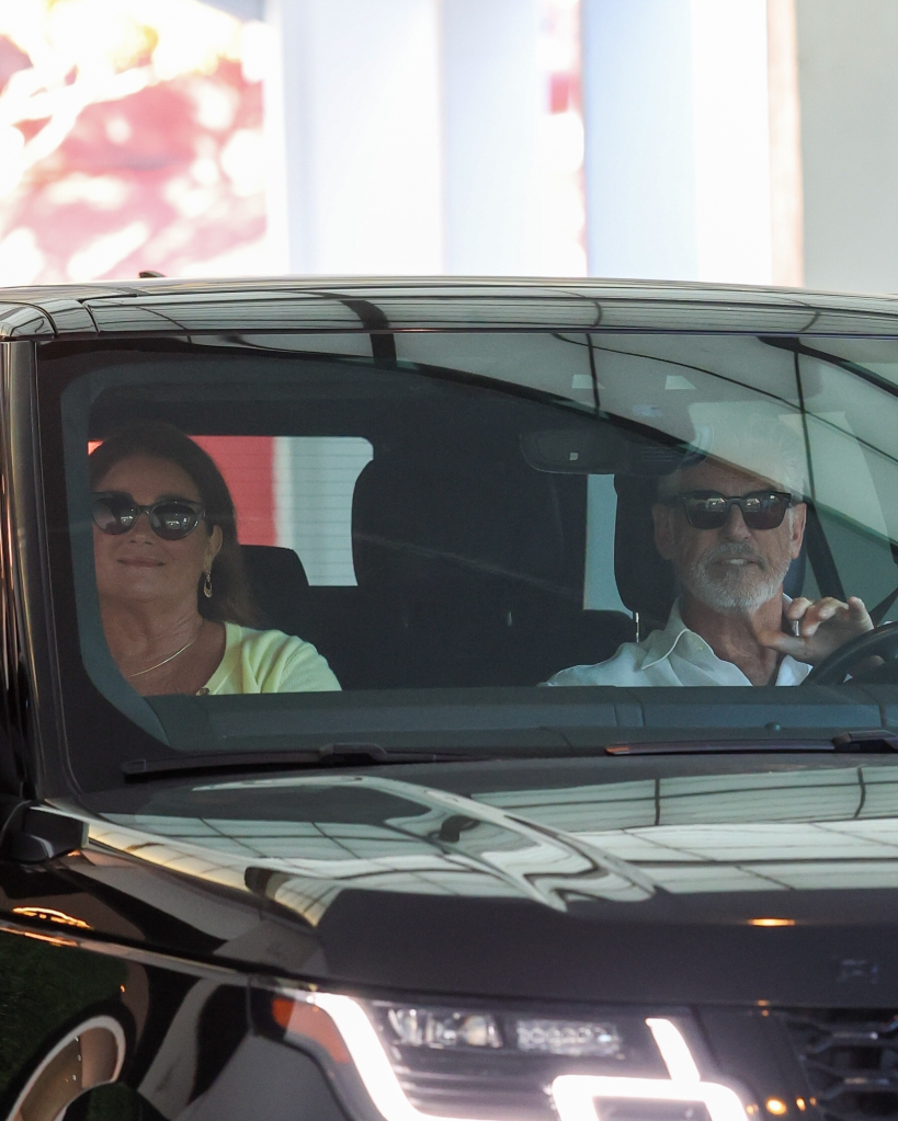 Pierce Brosnan and Keely Shaye Smith in a car.
