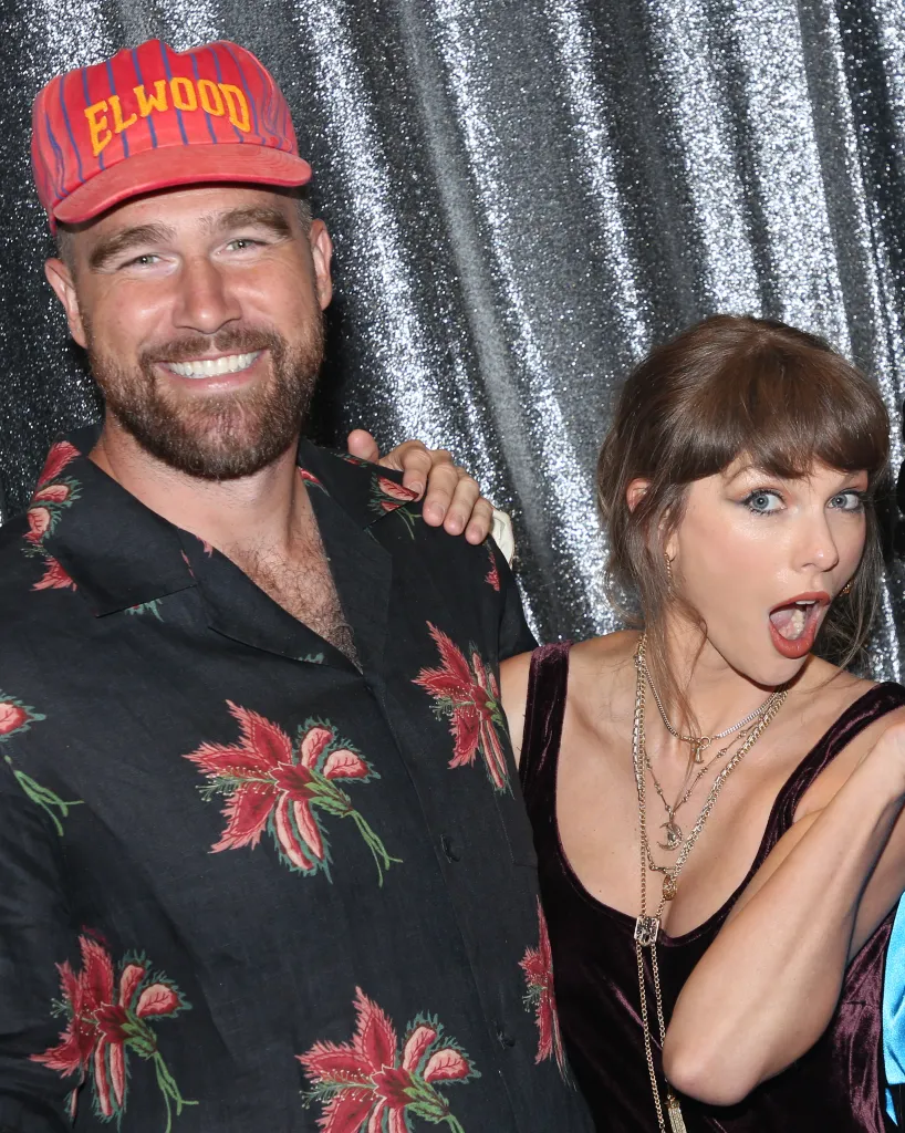 Travis Kelce and Taylor Swift posing backstage at "Oh, Mary!" on Broadway.