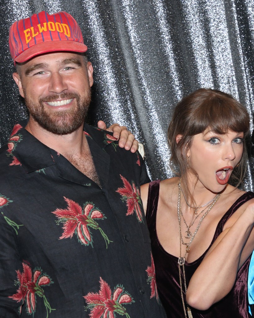 Travis Kelce and Taylor Swift posing backstage at the Broadway play "Oh, Mary!"